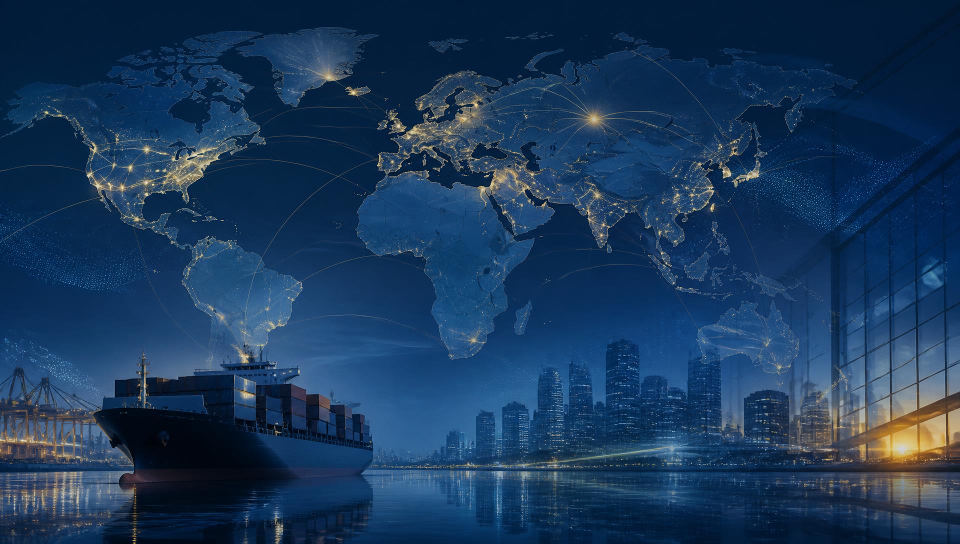 Global trade network connecting shipping, cities and digital markets